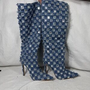 Eve Denim Distressed Checkered Denim Pointed Toe Knee High Stiletto Boots Size 8